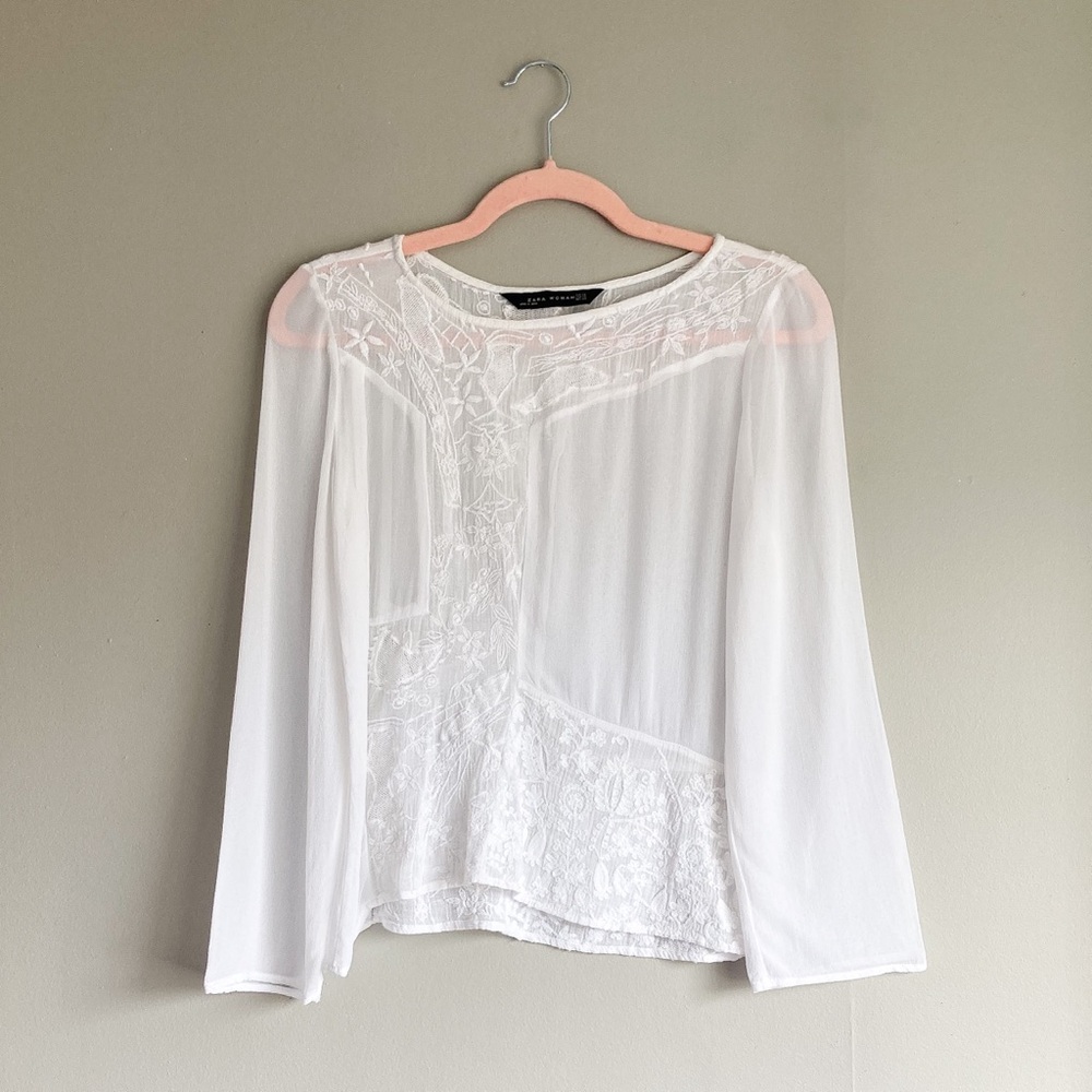 Zara Sheer Embroidered Long Sleeve Top